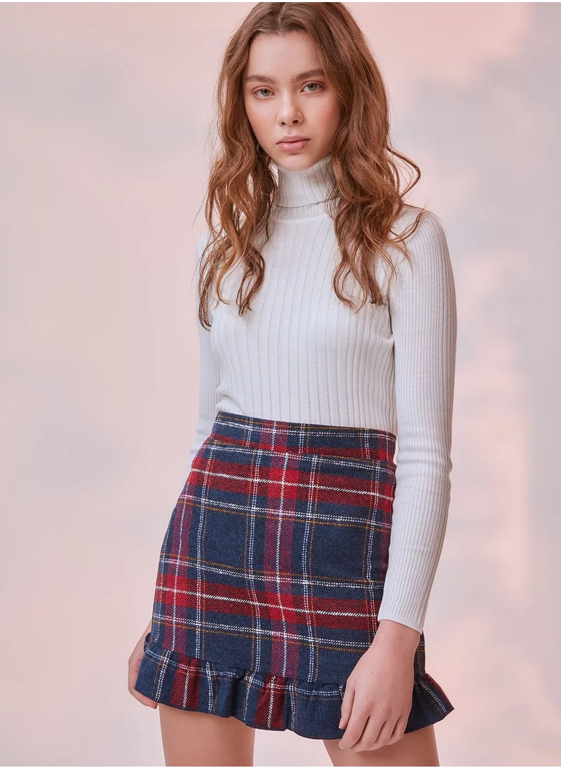 trendyol Ruffle Hem Checked Mini Skirt