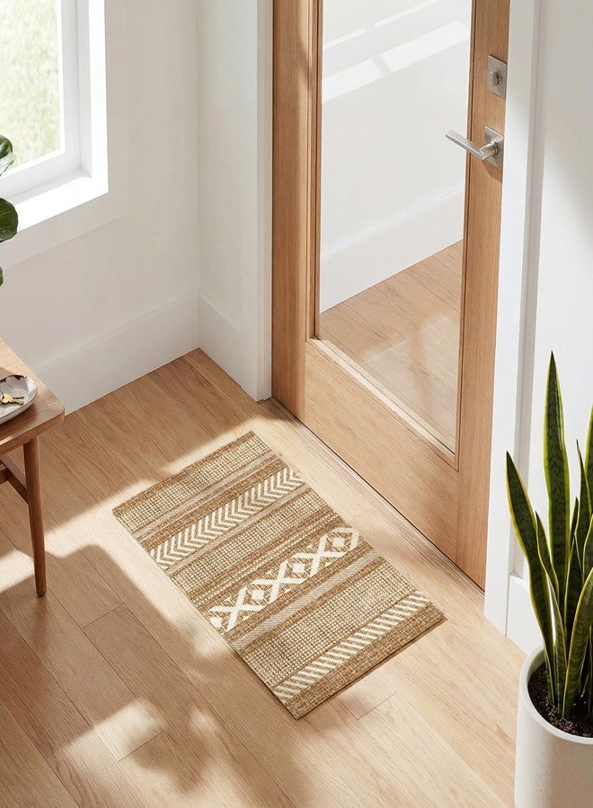 Artoid Mode Beige Braided Non Slip Washable Woven Stripes Doormat, Absorbent Natural Rubber Back Rustic Low-Profile Door Mat Floor Mat 17x29 Inch - Image 2