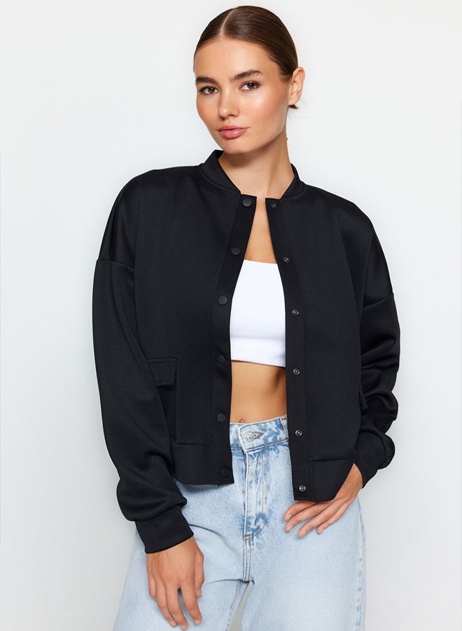 trendyol Navy Blue Pocket Detailed Snap Button Scuba Knitted Jacket - Image 1