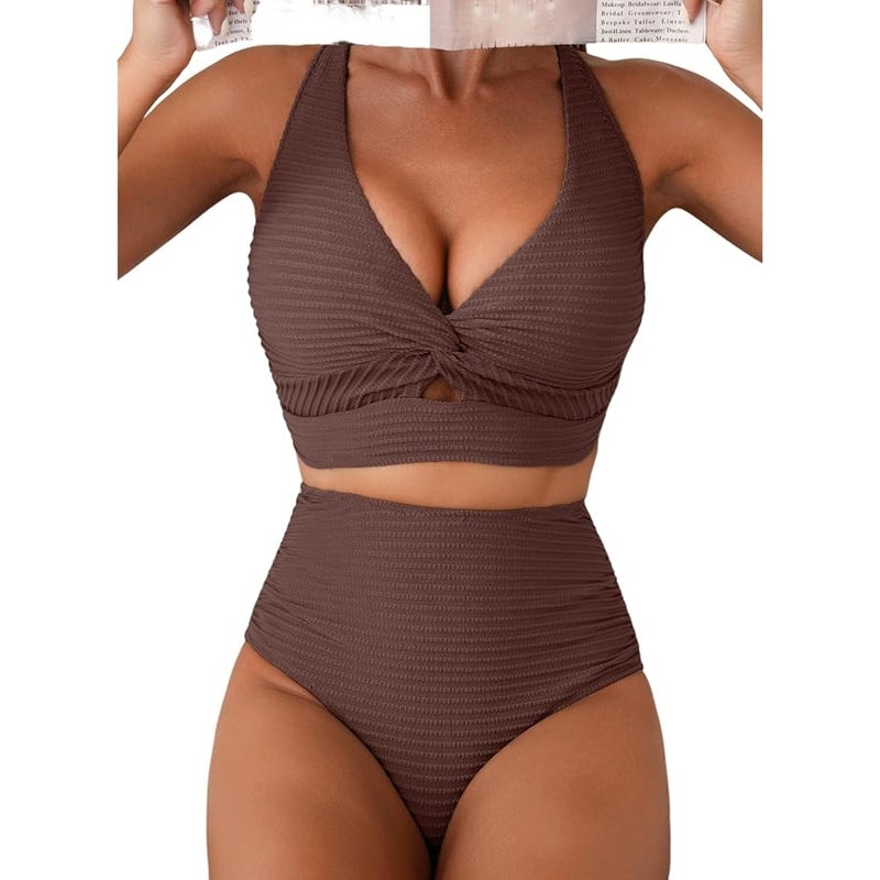 Herseas Women's Textured Bikini Sets Twist Front Top Swimsuits High Waisted Bathing Suits - Image 1