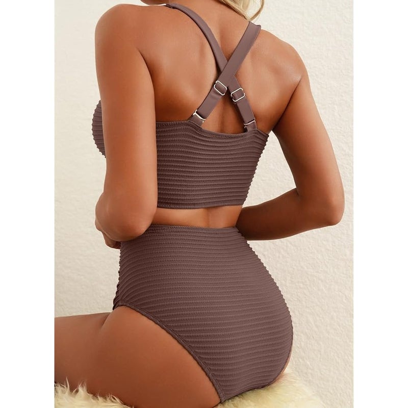 Herseas Women's Textured Bikini Sets Twist Front Top Swimsuits High Waisted Bathing Suits - Image 2