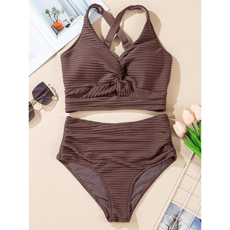 Herseas Women's Textured Bikini Sets Twist Front Top Swimsuits High Waisted Bathing Suits - Image 3