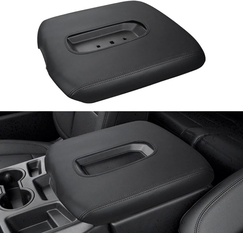 INTGET Leather Armrest Cover for 2019-2024 Chevy Silverado & GMC Sierra, Center Console Lid, Arm Rest Box Protector (Black Stitches, Jump Seat 2019-2024 Silverado/Sierra etc.) - Image 1
