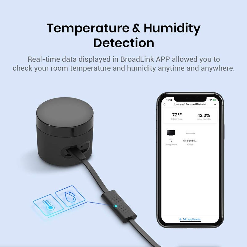Broadlink Broadlink RM4 Mini Smart Remote And Sensor Cable Set RM4 Mini S Universal IR Remote Control Hub With Temperature Humidity Monitor USB Cable Compatible With Alexa Google Home IFTTT Black  - Image 2