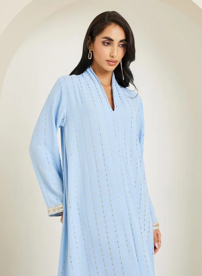 Amirah Women Foil Print Jalabiya with Lace Sleeve