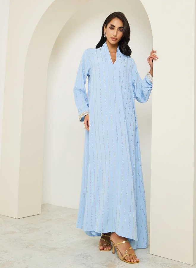 Amirah Women Foil Print Jalabiya with Lace Sleeve