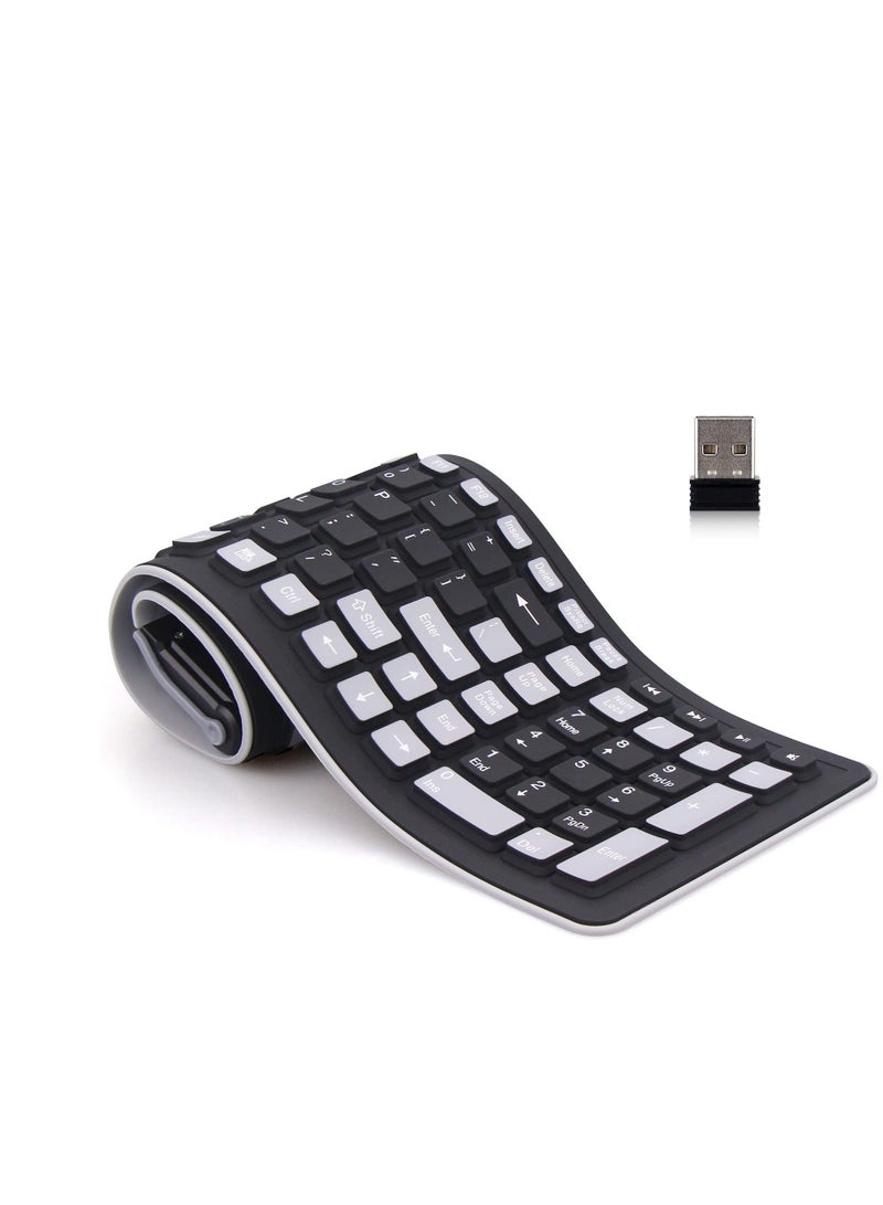 Wireless Silicone Keyboard,  2.4GHz Wireless, Foldable Rollup Keyboard, Waterproof, Dustproof and Lightweight, Perfect for PC, Notebook, Laptop and Travel (Black and Grey) - Image 1