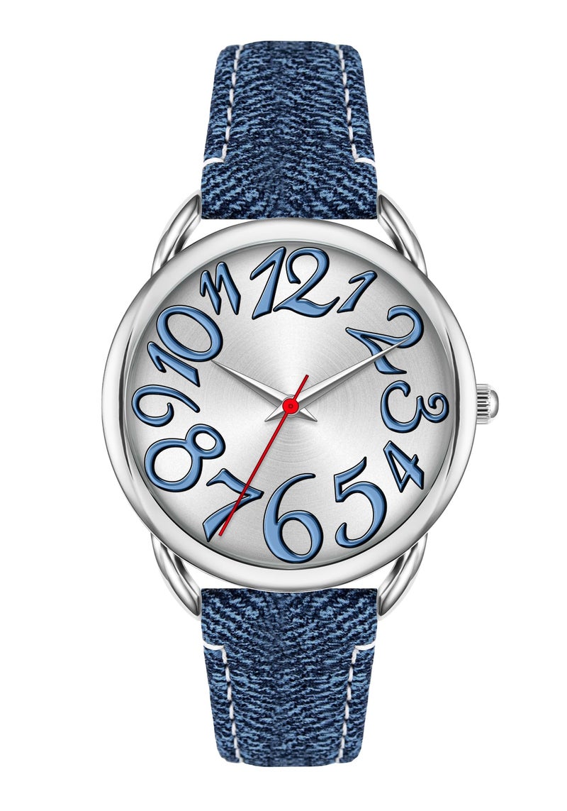 Bisley Women Watch Big Arabic Numbers Dial Easy to Read Blue Denim Leather Strap Watch - Image 2