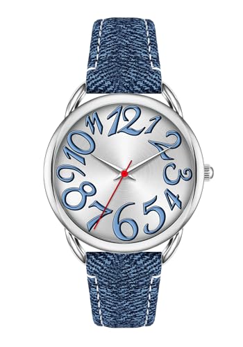 Bisley Women Watch Big Arabic Numbers Dial Easy to Read Blue Denim Leather Strap Watch - Image 1