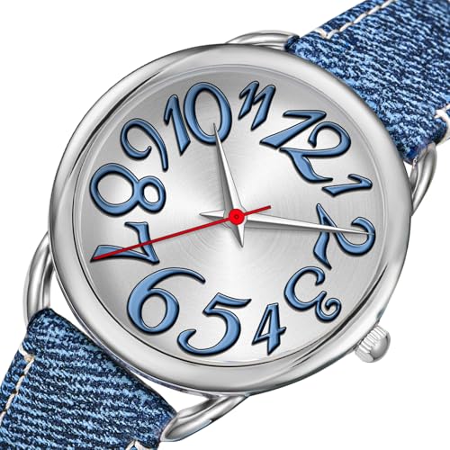 Bisley Women Watch Big Arabic Numbers Dial Easy to Read Blue Denim Leather Strap Watch - Image 3