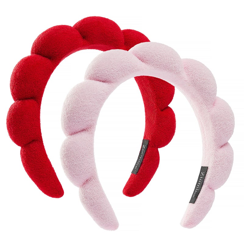 Ztomine Spa Headbands, Set of 2, Terry Cloth Headband Face Wash Headband Combo Pack - Puffy Makeup Headbands for Face Washing, Mask (Pink+Red) - Image 1
