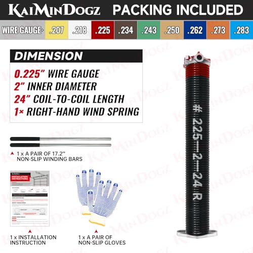 KaiMinDogz Right Hand Wind (Red Cone) 2" Garage Door Torsion Spring with Non-Slip Winding Bars & Gloves, Electrophoresis Black Coated, for Replacement, MIN 16,000 Cycles (0.225x2"x24") - Image 2