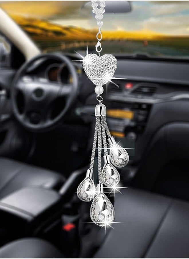 Lemon Bling Heart Diamond Crystal Car Charms, Rear View Mirror Decoration, Lucky Hanging Interior Ornament Pendant Gifts for Women (White)  - Image 1