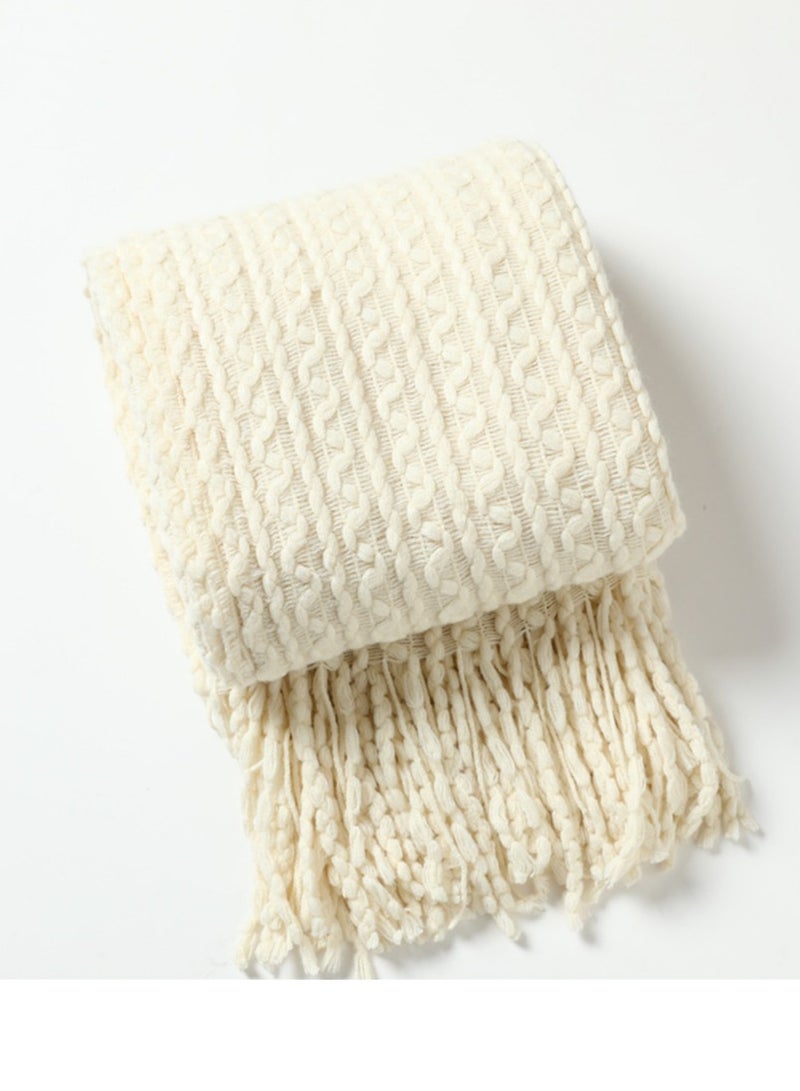 Loquat Tassel Design Knitted Textured Soft Throw Blanket Light Beige  - Image 2