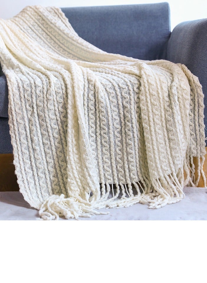Loquat Tassel Design Knitted Textured Soft Throw Blanket Light Beige  - Image 1