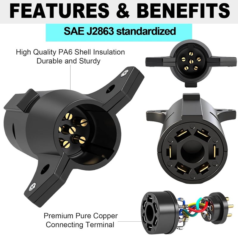 CXTM 7 Pin to 6 Pin Trailer Plug Adapter 7 RV Blade to 6 Pole Round, 6 Way to 7 Way Trailer Adapter 7 Way Blade to 6 Way Round Trailer Wiring Adapter - Image 3