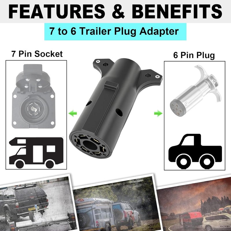 CXTM 7 Pin to 6 Pin Trailer Plug Adapter 7 RV Blade to 6 Pole Round, 6 Way to 7 Way Trailer Adapter 7 Way Blade to 6 Way Round Trailer Wiring Adapter - Image 2