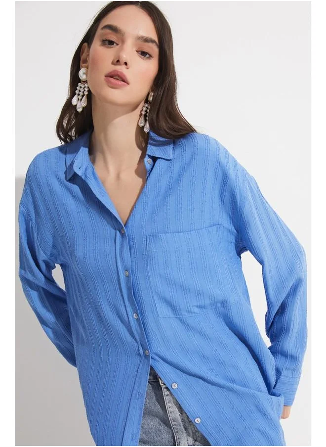 جون June Women Exclusive Boyfriend/Wide Fit Viscose Blend Shirt Blue