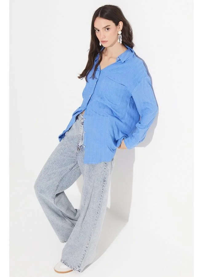 JUNE June Women Exclusive Boyfriend/Wide Fit Viscose Blend Shirt Blue