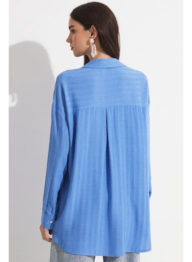JUNE June Women Exclusive Boyfriend/Wide Fit Viscose Blend Shirt Blue
