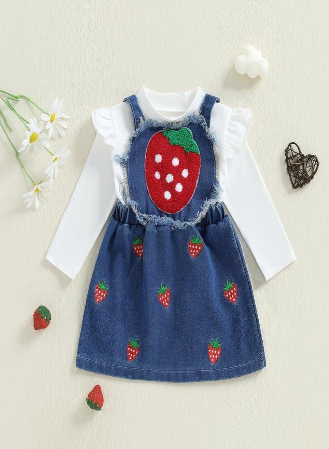 Gureui Toddler Baby Girl Suspender Skirt Ruffle Sweatshirt Strawberry Jeans Dress Fall Winter Outfit (A White Strawberry, 18-24 Months) - Image 2