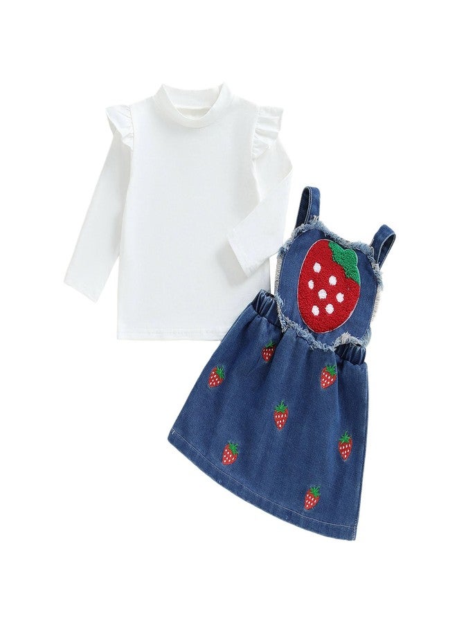 Gureui Toddler Baby Girl Suspender Skirt Ruffle Sweatshirt Strawberry Jeans Dress Fall Winter Outfit (A White Strawberry, 18-24 Months) - Image 1