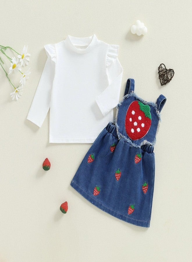 Gureui Toddler Baby Girl Suspender Skirt Ruffle Sweatshirt Strawberry Jeans Dress Fall Winter Outfit (A White Strawberry, 18-24 Months) - Image 3