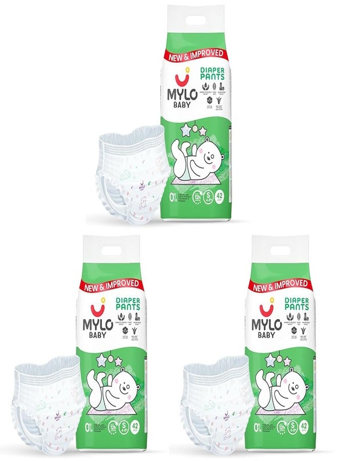 Mylo Baby Diaper Pants Small (S) Size 4-8 kgs (42 count) Leak Proof | Lightweight | Rash Free | 12 Hours Protection | ADL Technology (Pack of 3)