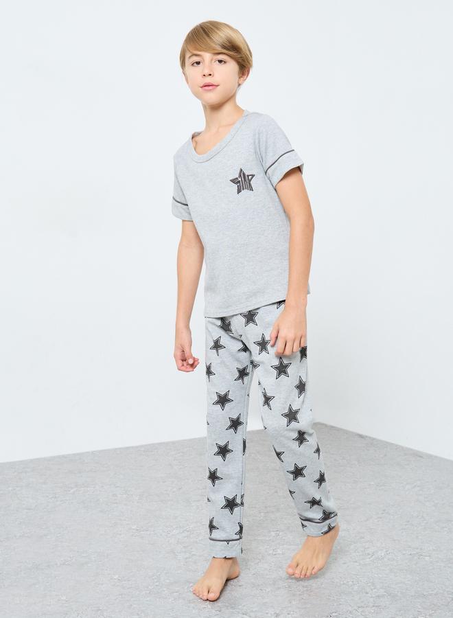 Take Two Boys Grey Star Print T-Shirt and Pyjama Set - Image 1