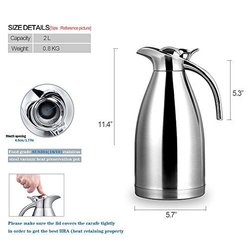 Bonnoces 68 Oz Stainless Steel Thermal Carafe - Double Walled Vacuum Insualted Thermos/Carafe with Lid - Coffee/Tea Carafe Heat & Cold Retention - 2 Liter - Image 2