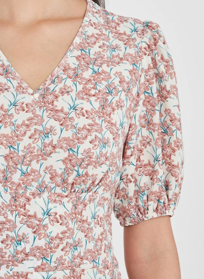 Styli Cuffed Sleeve Floral Print A-Line Midi Dress