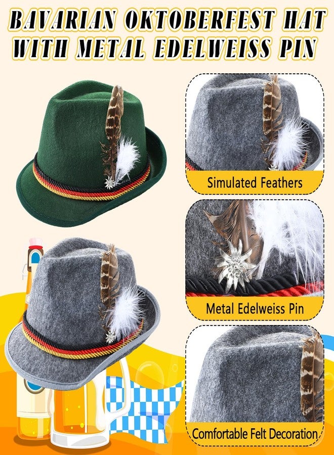 Velmitten 2 Pcs Oktoberfest Hat with Metal Edelweiss Pin Feather German Bavarian Hats Green Gray Felt Retro Hunter Cap Costume Accessories for Adults Men Women Unisex Halloween Cosplay Party Supplies - Image 3
