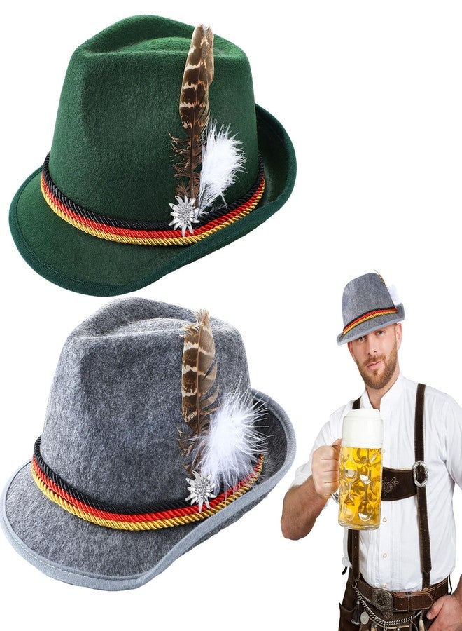 Velmitten 2 Pcs Oktoberfest Hat with Metal Edelweiss Pin Feather German Bavarian Hats Green Gray Felt Retro Hunter Cap Costume Accessories for Adults Men Women Unisex Halloween Cosplay Party Supplies - Image 1
