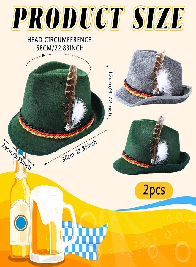 Velmitten 2 Pcs Oktoberfest Hat with Metal Edelweiss Pin Feather German Bavarian Hats Green Gray Felt Retro Hunter Cap Costume Accessories for Adults Men Women Unisex Halloween Cosplay Party Supplies - Image 2