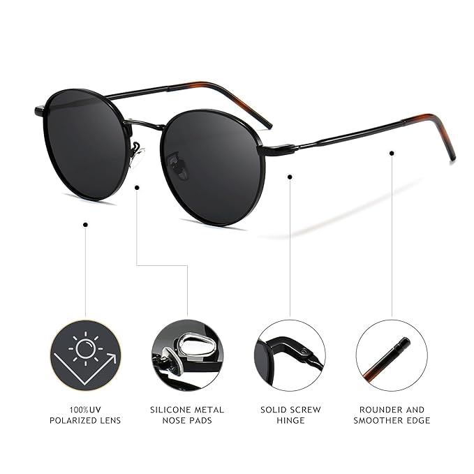 mashamart® Unisex Polarized Round Sunglasses, Black & Gold & Silver Frames with Gradient Lenses for Men & Women (Pack of 1) (Black) - Image 2