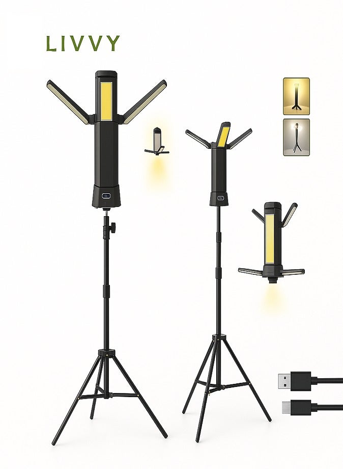 ليفي مصباح عمل LED قابل لإعادة الشحن مع حامل ، مصباح عمل لاسلكي محمول 3 رؤوس ، 500/1500/2500 لومن ، ضوء تخييم مع حامل ثلاثي القوائم قابل للفصل - Image 1