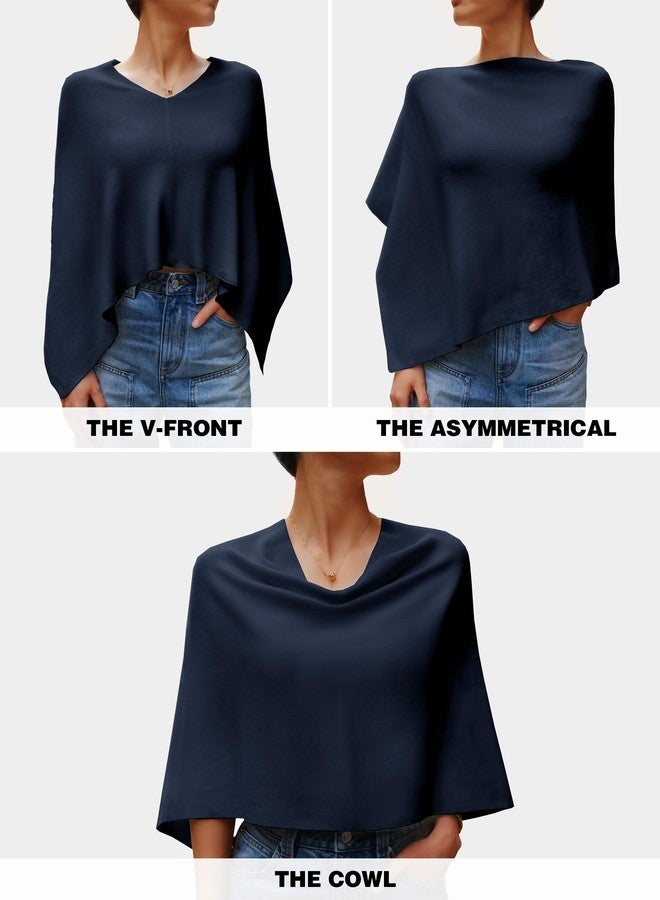 بولي كنزة بونشو كابري نسائية من بولي، قصيرة ومتعددة الاستخدامات، مصنوعة من نسيج ناعم محبوك، بياقة عالية، لون أزرق داكن، مقاس واحد - Image 5