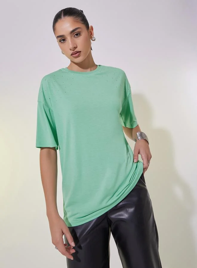 Take Two Studded Detail Relaxed Fit T-Shirt with Dropped Shoulder