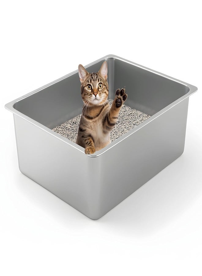 Kirecoo Stainless Steel Cat Litter Box - Metal High Sided Cat Pan, Large Stainless Steel Box, Indoor Litter Tray, Non Stick, No Smell, Easy to Clean, Pet Toilet Supplies for Kitten, Kitty, Rabbit - Image 1