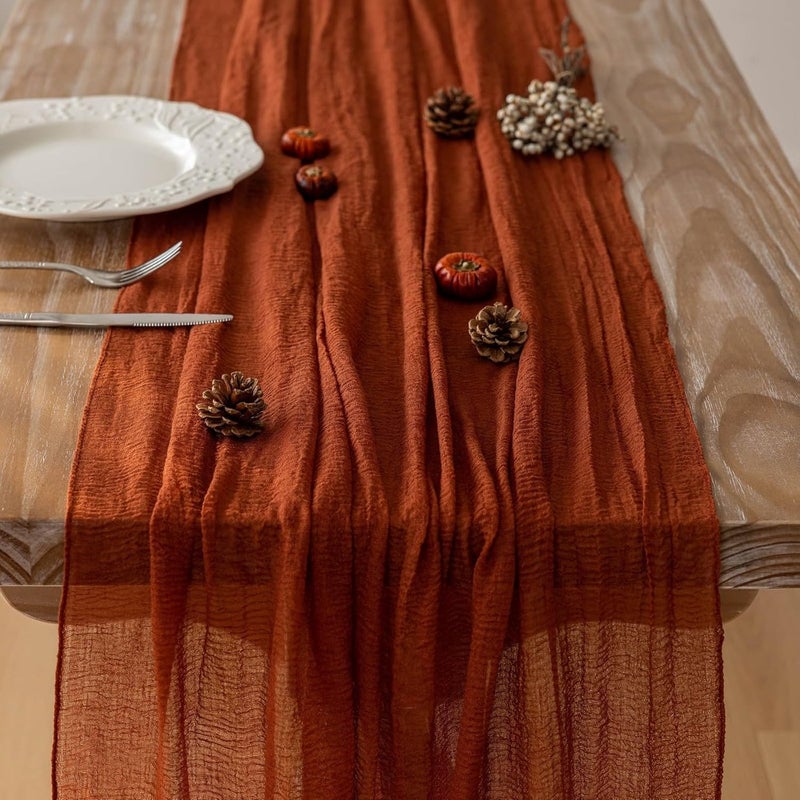 CLENEA Fall Thanksgiving Table Runner Terracotta Decorations 120 Inch 10 FT Rustic Burnt Orange Sheer Cheese Cloth for Baby Bridal Shower Friendsgiving Party Centerpiece Gauze Decor for Home - Image 3