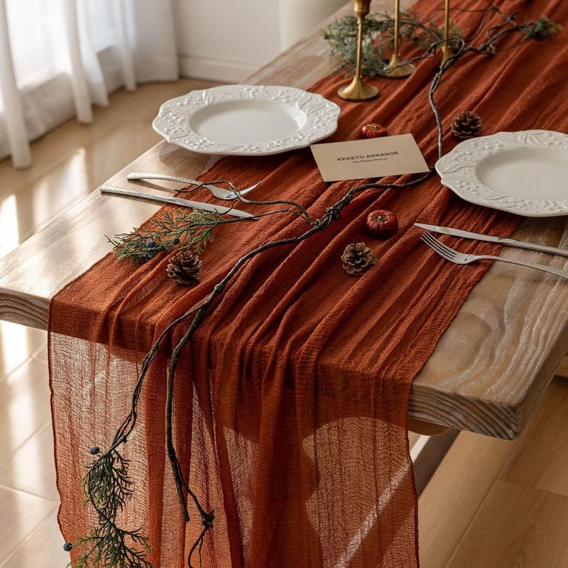 CLENEA Fall Thanksgiving Table Runner Terracotta Decorations 120 Inch 10 FT Rustic Burnt Orange Sheer Cheese Cloth for Baby Bridal Shower Friendsgiving Party Centerpiece Gauze Decor for Home - Image 1