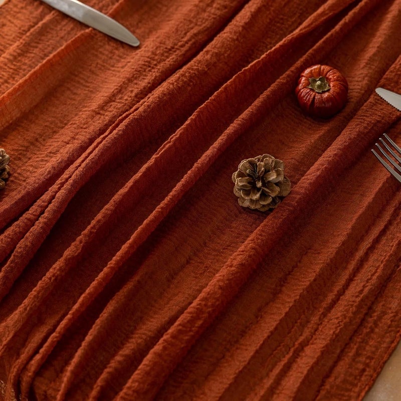 CLENEA Fall Thanksgiving Table Runner Terracotta Decorations 120 Inch 10 FT Rustic Burnt Orange Sheer Cheese Cloth for Baby Bridal Shower Friendsgiving Party Centerpiece Gauze Decor for Home - Image 4