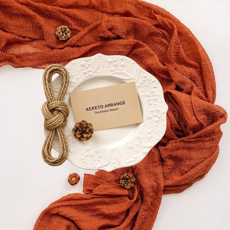 CLENEA Fall Thanksgiving Table Runner Terracotta Decorations 120 Inch 10 FT Rustic Burnt Orange Sheer Cheese Cloth for Baby Bridal Shower Friendsgiving Party Centerpiece Gauze Decor for Home - Image 2