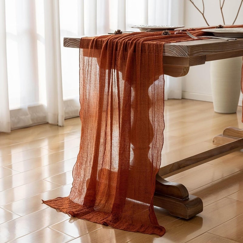 CLENEA Fall Thanksgiving Table Runner Terracotta Decorations 120 Inch 10 FT Rustic Burnt Orange Sheer Cheese Cloth for Baby Bridal Shower Friendsgiving Party Centerpiece Gauze Decor for Home - Image 5