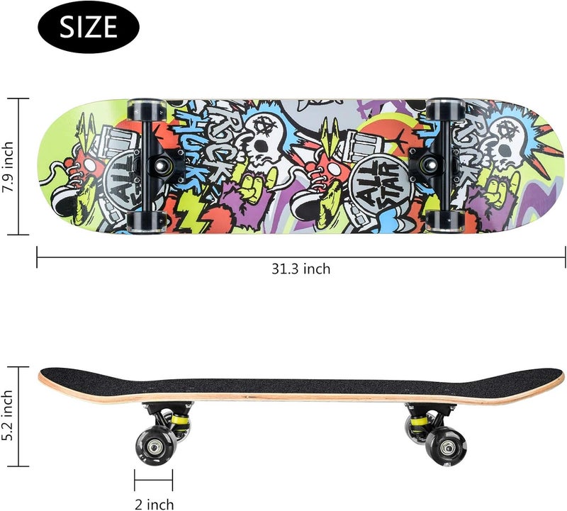 cdsnxore Skateboards for Beginners, 31 x 8 inch Complete Skateboard for Kids Teens Adults, 8 Layer Maple Double Kick Deck Concave Cruiser Trick Skateboard with Multifunction Skate - Image 2