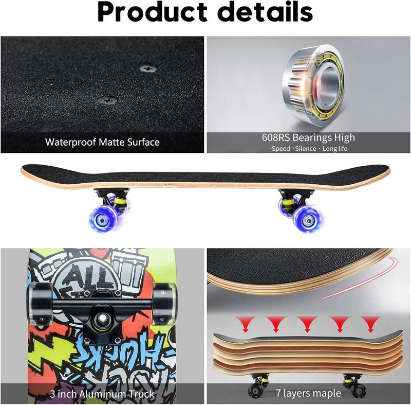 cdsnxore Skateboards for Beginners, 31 x 8 inch Complete Skateboard for Kids Teens Adults, 8 Layer Maple Double Kick Deck Concave Cruiser Trick Skateboard with Multifunction Skate - Image 4
