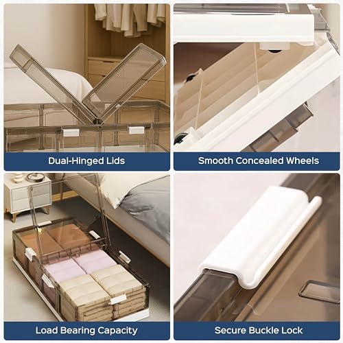 HomeStrap Underbed Rolling Organizer | Large 65L Foldable & Stackable Underbed Storage Box with Transparent, Dual Lids, Wheels & Locks | Dust & Moisture Proof Bin for Clothes, Sarees, Shoes & Quilts - Image 4