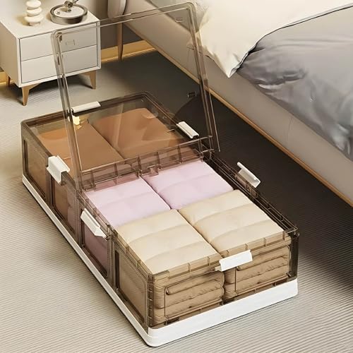 HomeStrap Underbed Rolling Organizer | Large 65L Foldable & Stackable Underbed Storage Box with Transparent, Dual Lids, Wheels & Locks | Dust & Moisture Proof Bin for Clothes, Sarees, Shoes & Quilts - Image 1