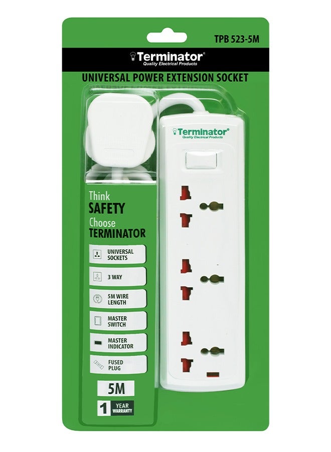 Terminator 3 Way Universal Power Extension Socket With Master Switch, Indicator and 5M Cable