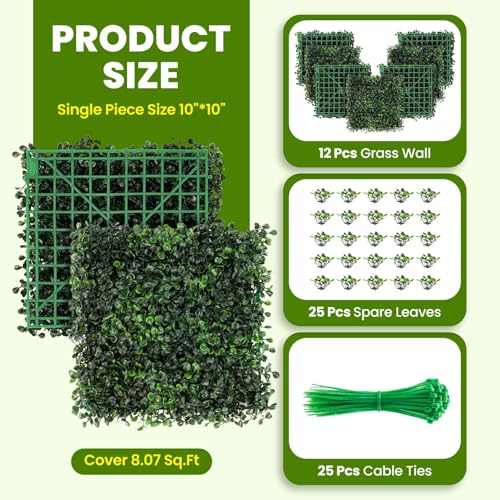 KASZOO Grass Wall 12 Pack 10"x10" Artificial Boxwood Hedge Wall Panels, Privacy Hedge Screen Faux Boxwood for Outdoor,Indoor,Garden,Fence,Backyard,Greenery Walls - Image 2